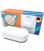A white ultrasonic cleaner for glasses and jewelry is shown next to its colorful packaging. The packaging features an illustration of glasses and the brand logo. Náhled obrázku produktu