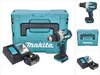 A collage of images showing a Makita cordless drill, its case, batteries, and charger. Voir les images du produit