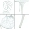 Collage of close-up shots of a white bistro set, showing details of the chair back, table leg, and chair seat. Náhled obrázku produktu