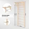 A diagram showing the dimensions of a wooden wall-mounted gym apparatus. Produktbild-Vorschau