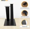 Two black metal table legs with a square base, shown with close-up insets highlighting mounting holes, assembly, and material thickness. Podgląd zdjęcia produktu