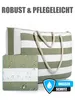 A beach bag with a close-up detail showing water droplets and a water protection icon. Produktbild-Vorschau