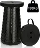 A black folding stool and its compact form next to a weight icon indicating 150kg capacity. Podgląd zdjęcia produktu