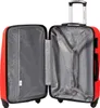 An open red suitcase with a gray interior and straps. Produktbild-Vorschau