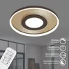 A modern LED ceiling light with a remote control and feature icons. Produktbild-Vorschau