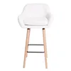 A white bar stool with wooden legs is shown against a white background. Náhled obrázku produktu