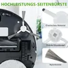 Close-up view of the underside of a robot vacuum cleaner, showing its side brushes and other components, with inset images highlighting features. Produktbild-Vorschau