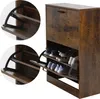 A shoe cabinet with multiple shelves and flip-out compartments, showcasing shoes inside. Náhled obrázku produktu