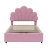 A pink upholstered bed frame with a shell-shaped headboard is shown against a white background. Anteprima dell’immagine prodotto
