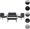 A black poly-rattan garden lounge set with dark gray cushions and a glass-top coffee table, presented on a white background. Podgląd zdjęcia produktu
