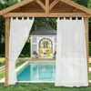 A backyard scene with a swimming pool, gazebo, and white sheer curtains. Voir les images du produit