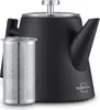 A black teapot with a silver lid and a silver tea infuser next to it, on a white background. Produktbild-Vorschau