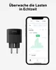 A smart plug and a smartphone app displaying real-time energy consumption data. Produktbild-Vorschau