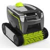 A robotic pool cleaner with tracks and a brush attachment, shown from a front-diagonal angle against a white background. Produktbild-Vorschau