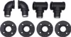 A collection of black metal pipe fittings, including elbows, tees, and flanges, arranged on a white background. Náhled obrázku produktu