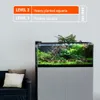 A planted aquarium is shown on a stand, with a sofa and pillows in the foreground. Text overlays describe different levels of planted aquariums. Produktbild-Vorschau