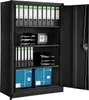 An open black metal filing cabinet filled with binders, trays, and boxes, with a small safe on one shelf. Produktbild-Vorschau