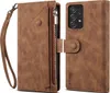 A brown leather wallet case for a smartphone, shown open and closed. Produktbild-Vorschau