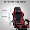 A red and black gaming chair with text overlays highlighting its ergonomic features. Produktbild-Vorschau