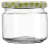 A clear glass jar with a checkered lid. Produktbild-Vorschau