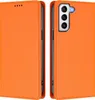 A product image showing an orange flip case for a Samsung Galaxy S21 5G phone, displayed from two angles. Voir les images du produit