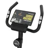 Close-up view of the handlebars and tablet holder of an exercise bike, with a tablet displaying a fitness program. Produktbild-Vorschau