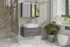 A modern bathroom with a wall-mounted vanity, sink, medicine cabinet, toilet, and a plant. Náhled obrázku produktu