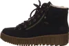 A side view of a black Rieker women's lace-up boot with a brown sole and white fur lining. Voir les images du produit