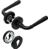 A black door handle set is shown, with one handle and its associated rose plate assembled, and the other handle and rose plate shown separately, demonstrating the components. Produktbild-Vorschau