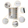 A white wardrobe with multiple doors and drawers, shown with close-up insets highlighting its features. Produktbild-Vorschau
