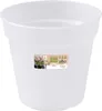 A white plastic plant pot with a label on it. Produktbild-Vorschau