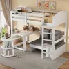A white loft bed with a desk and sofa underneath, set up in a child's room with decorations and a window view. Produktbild-Vorschau