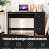 A black desk with a laptop, books, and picture frames on top, set in a room with a plant and a bed in the background. Overlay text highlights product features. Produktbild-Vorschau