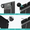 A collage of four images showing details of a black radiator. Produktbild-Vorschau