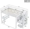 A diagram showing the dimensions of a white loft bed with a desk and stairs. Produktbild-Vorschau