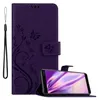 A purple flip phone case with a floral and butterfly design is shown open, with a smartphone inside. Náhled obrázku produktu