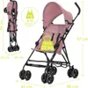 A pink stroller is shown with various dimensions and weight limits indicated by text overlays. Produktbild-Vorschau