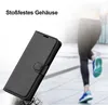 A black flip case for a phone is shown in the foreground, with a blurred image of a person running in the background. Produktbild-Vorschau