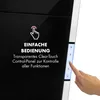 A close-up of a black kitchen hood with a touch control panel and a hand interacting with it. Text describes the ease of use. Produktbild-Vorschau