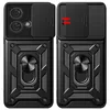 A collage of two views of a black phone case with a camera slider and a ring stand. Produktbild-Vorschau