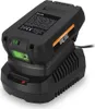 A black battery charger with a black battery pack on top, set against a white background. Náhľad obrázku produktu