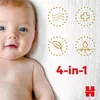 A close-up of a baby's face next to marketing icons and text. Podgląd zdjęcia produktu