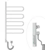A white electric towel warmer with a coiled power cord and plug, shown next to a close-up view of its control unit. Podgląd zdjęcia produktu