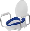 A white and blue toilet seat riser with silver armrests against a white background. Anteprima dell’immagine prodotto