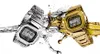 Two G-Shock watches, one silver and one gold, are shown with water splashing around them. Podgląd zdjęcia produktu