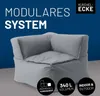 A grey modular corner beanbag chair is shown against a blue background, with text and icons highlighting its features. Náhled obrázku produktu