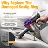 A hand is holding a vacuum cleaner, demonstrating its use on a car seat. Text overlays explain the benefits of replacing a damaged sealing ring. Produktbild-Vorschau