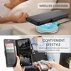 A collage showing a phone case being wirelessly charged and a person using a wallet-style phone case to pay. Produktbild-Vorschau
