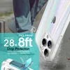 A person's legs and feet are visible in the background, while a clear, iridescent phone case is shown in the foreground, with text overlay highlighting its drop protection features. Produktbild-Vorschau