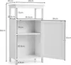A white bathroom cabinet with its door open, showing dimensions and internal shelves. Náhled obrázku produktu